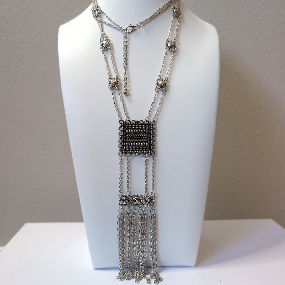 Silver Textured Square Pendant Fringe Necklace